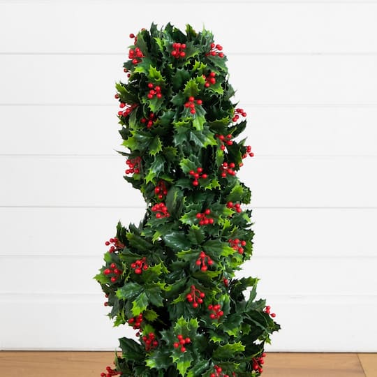 Nearly Natural 3ft. Pre-Lit UV Resistant Artificial Holly Berry Christmas Spiral Tree, Warm White Lights